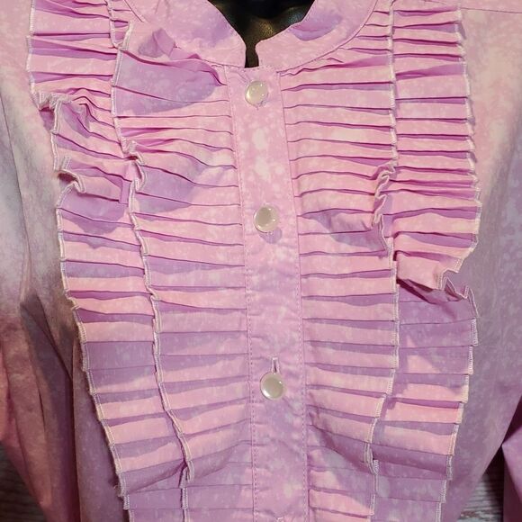 Hey Sue! Bob Mackie VINTAGE Upcycled Splatter Pink Ruffle Tux Blouse Sz L Button - Picture 5 of 11